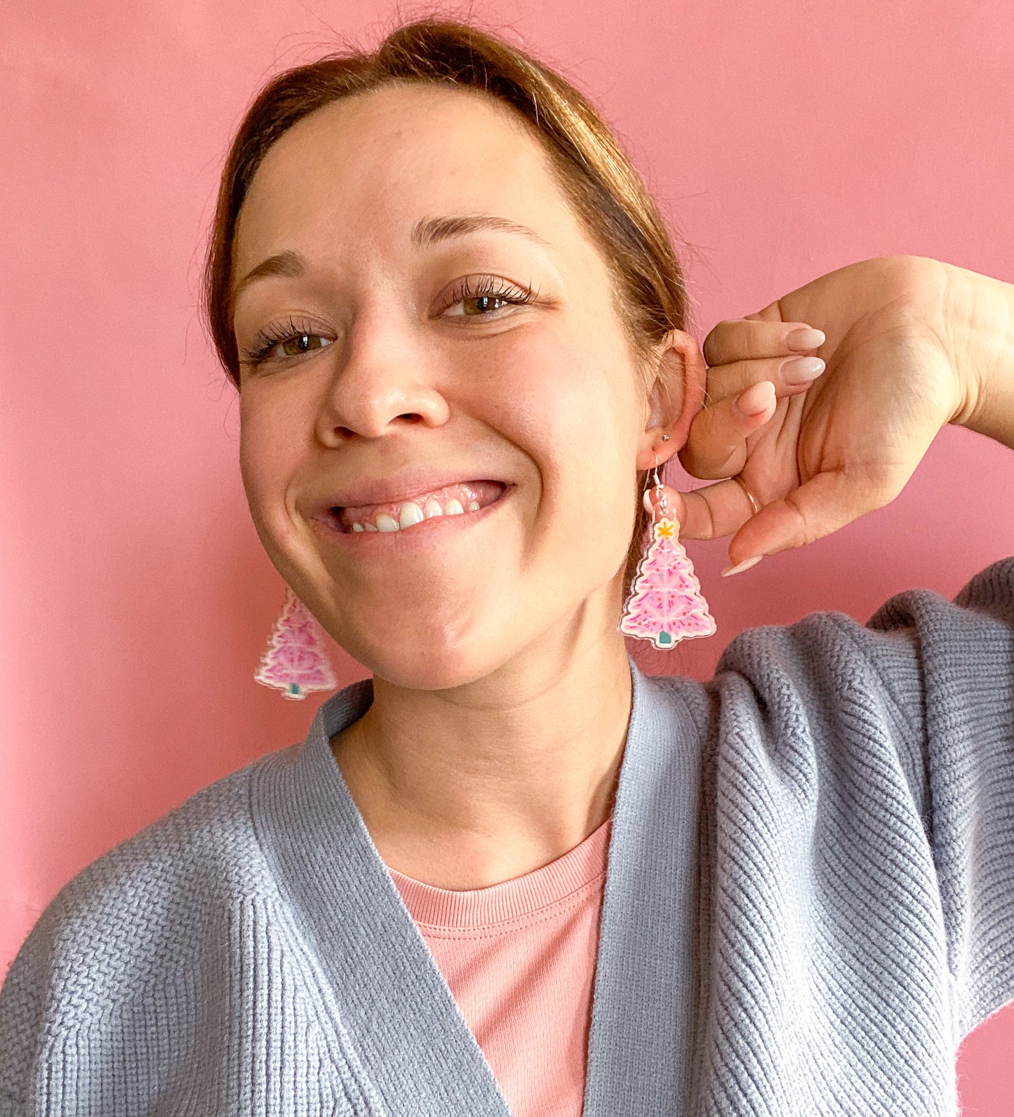 Pink Christmas Tree Earrings